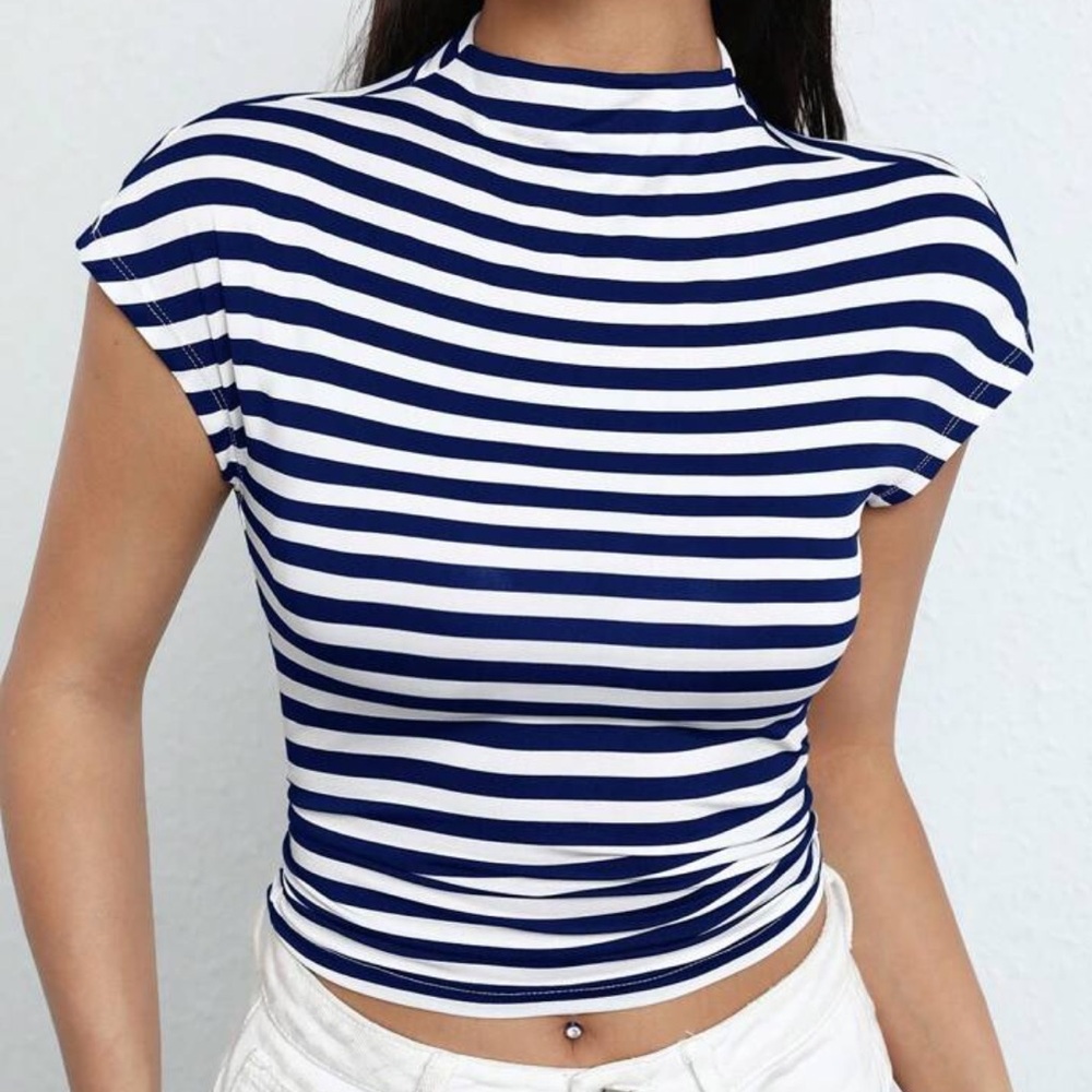 SHEIN Navy and White Striped Short Sleeve Top